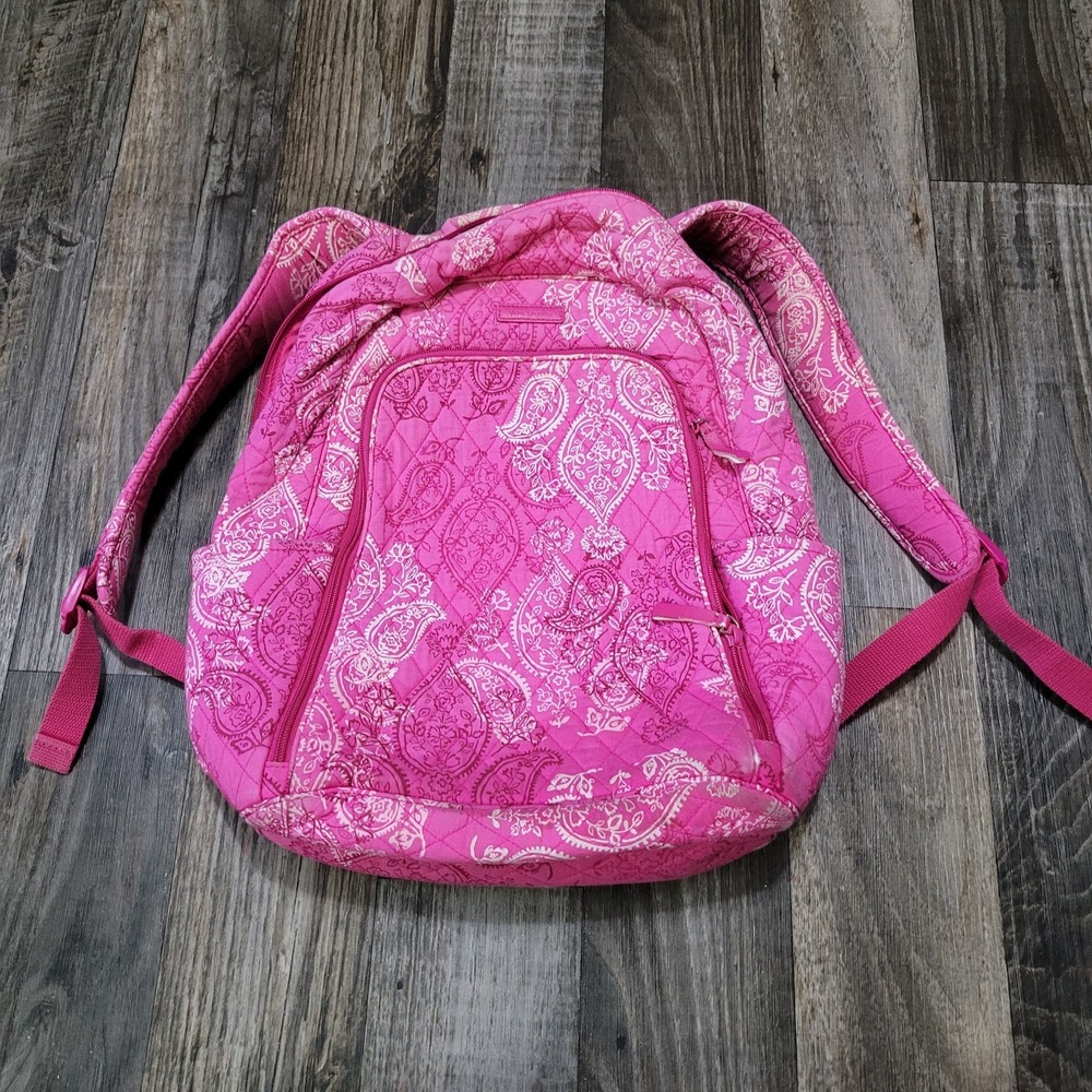 Vera Bradley Lighten Up Pink White Campus Backpack in Stamped Paisley Distressed